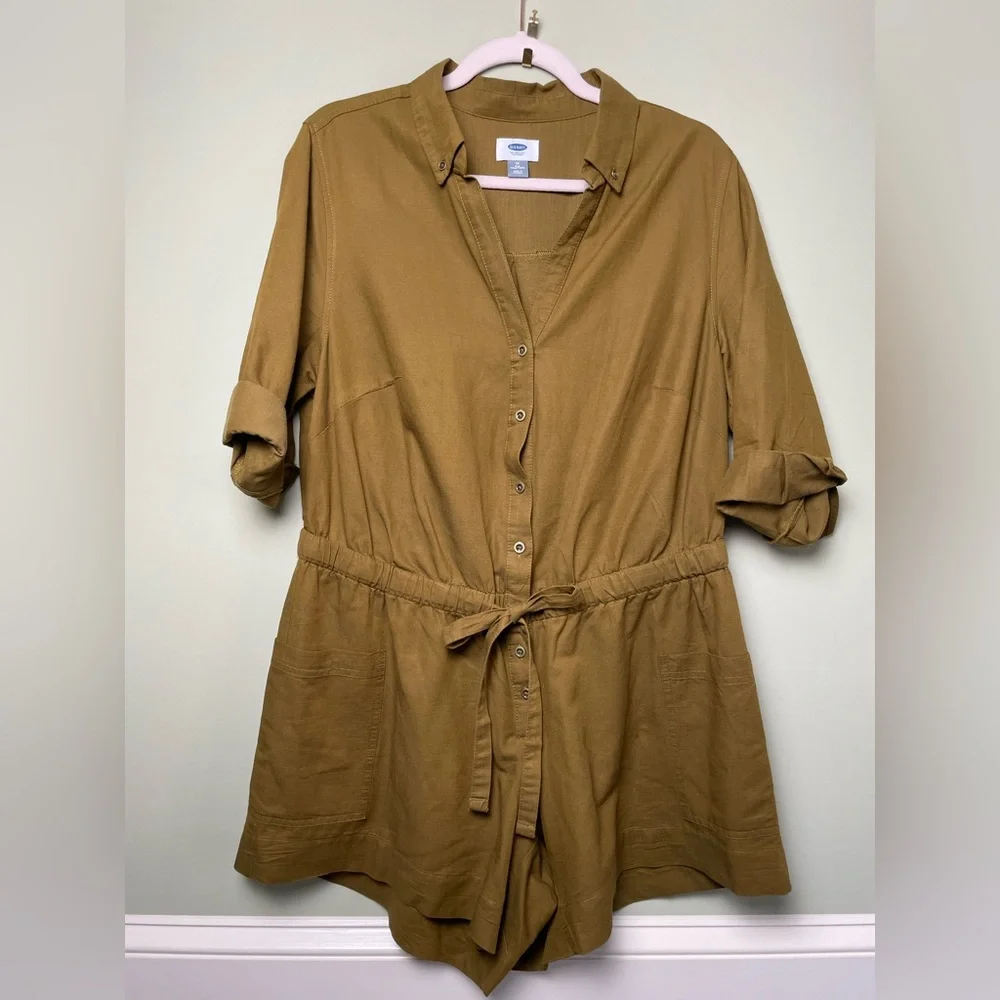 Like New Old Navy Cotton Rompe Adjustable Waist 6” Inseam Brown/Green Plus 1X - Picture 2 of 13